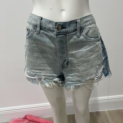 American Eagles Hi Rise Blue Denim Button Up Ripped Shorts Size 8