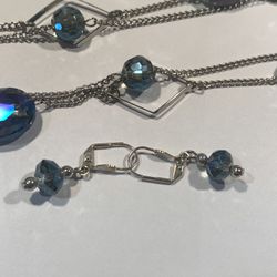 Silver Double Chain Necklace With Beautiful Blue Glass Beads. Earrings Included. New 