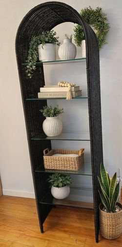 Boho Arched Black Wicker Shelf- Plant Stand or Bookcase