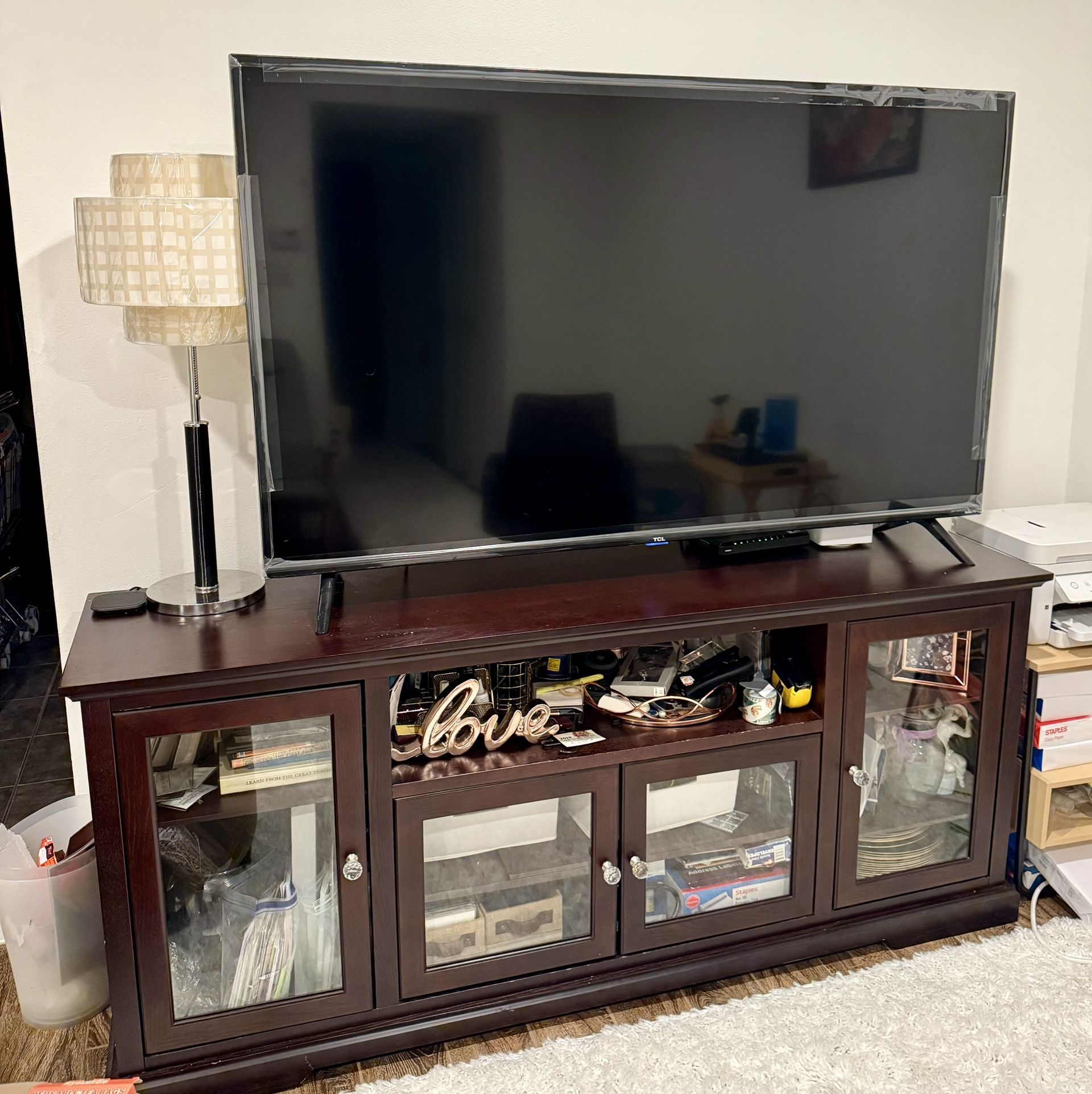 70” TV Stand Walnut Wood 4 Glass Doors With Shelves