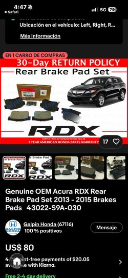 Genuine OEM Acura  RDX Rear  Brake  Pad Set  2013-2015    Y   honda CR-V  2005 -2012   Regular price   $68.71 plus tax.