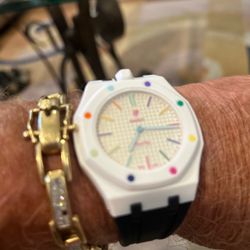 White Octagonal Watch with Multicolor Dial