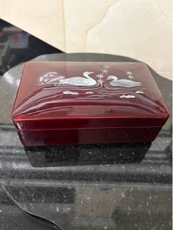 Red lacquer trinket box with mother of pearl inlay with two duck  4”x6”