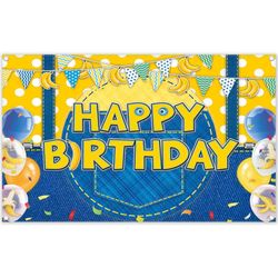 Fabric 72x43inch Yellow Jeans Cartoon Happy Birthday Backdrop Banana Balloon Flag Boy Party Decorations Kids Supplies Photo Booth Props Cake Table Ban