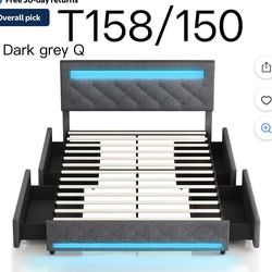 T158🔥LED Bed Frame Queen Size with 4 Storage Drawers + 2 USB Ports and Outlets, Adjustable Upholstered Headboard, Solid Wooden Slat Support, No Box S
