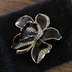 Vintage Black Enamel and Crystal Floral Brooch/Pin
