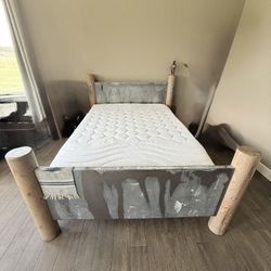 Western Cowboy Style Queen Sized Bed - Metal & Log Frame