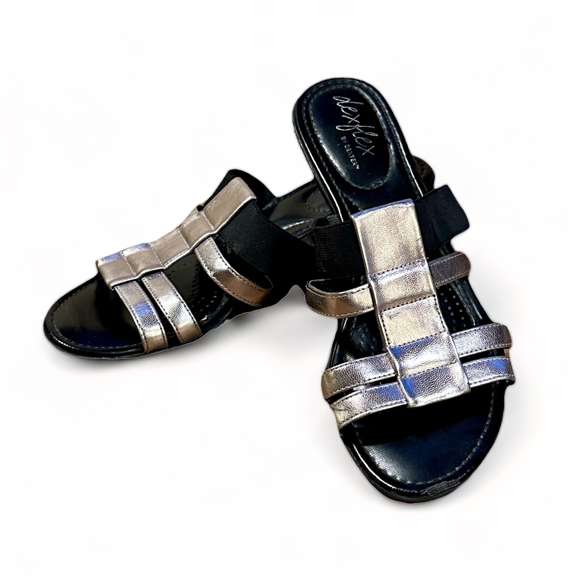 Dexflex By Dexter Comfort Slip On Black and Silver Wedge Heel Sandals Size 9