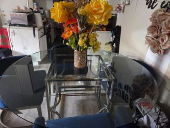 Glass dining table & Blue chairs set