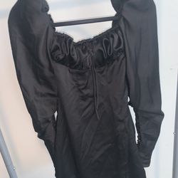 Black Long Sleeve Puffy Shoulders Short Dress(S)