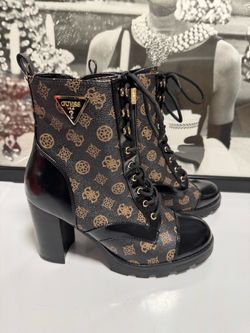 GUESS Women’s Logo Lace Up Ankle Boots Black Brown Block Heel Size 11M