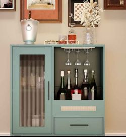 Modern Green Coffee Bar Cabinet with Wine Glass Rack and Storage, 30.7"