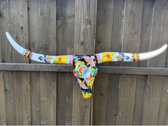 Mexican Talavera Hummingbird Longhorn Skull Wall Décor, Pottery, Planter, Clay Pot.