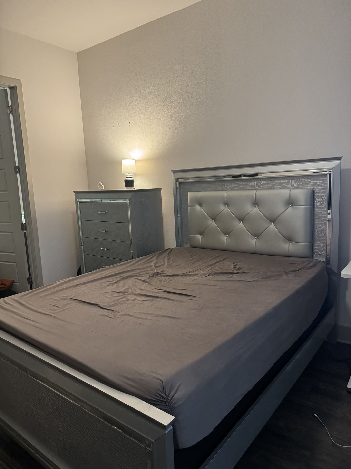 Silver Queen Bed frame, Dresser And Nightstand 