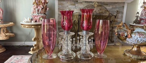Set of 4 vintage cranberry crystal hurricane lamps and vases