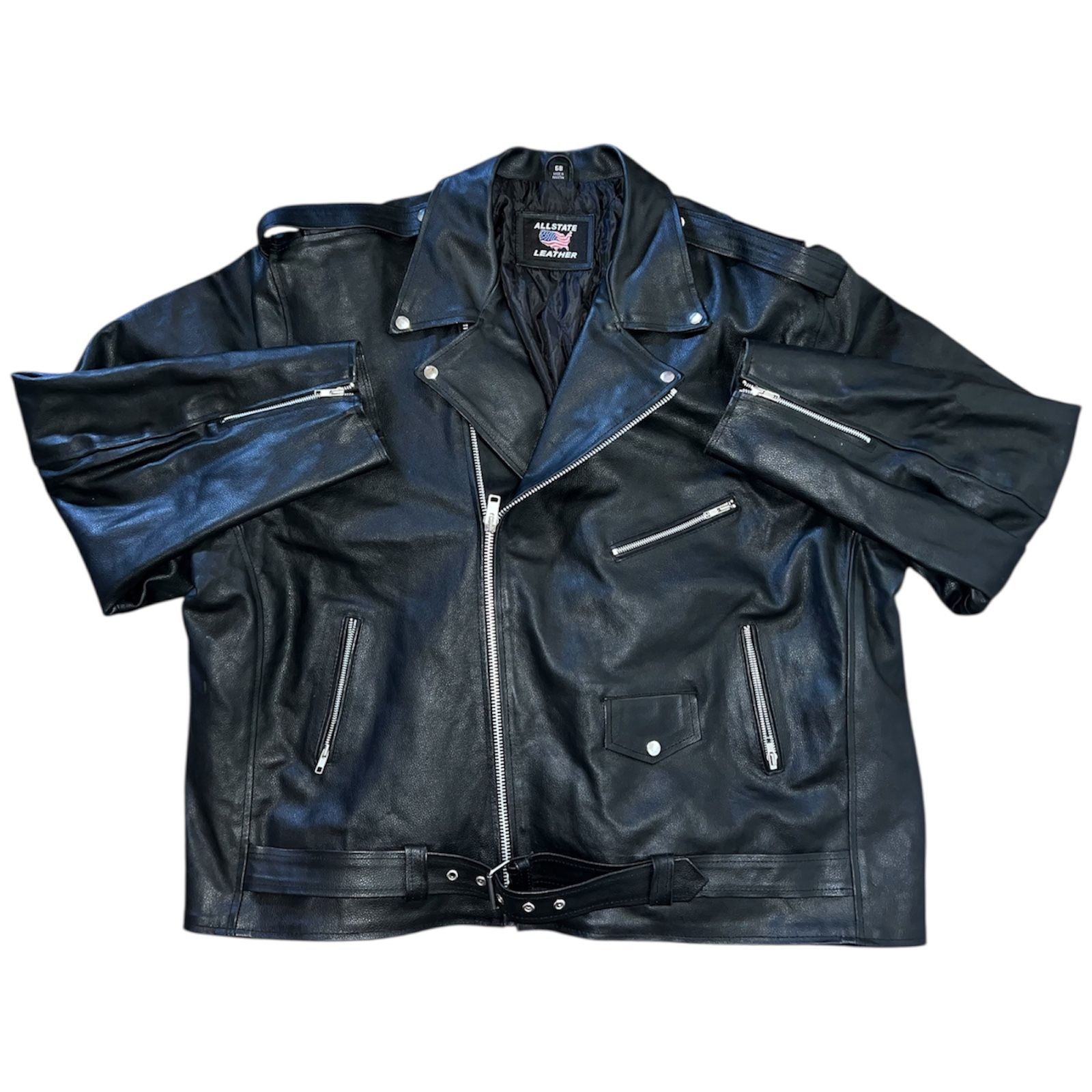 Allstate Leather Mens Buffalo Motorcycle Leather Jacket Black Size 68