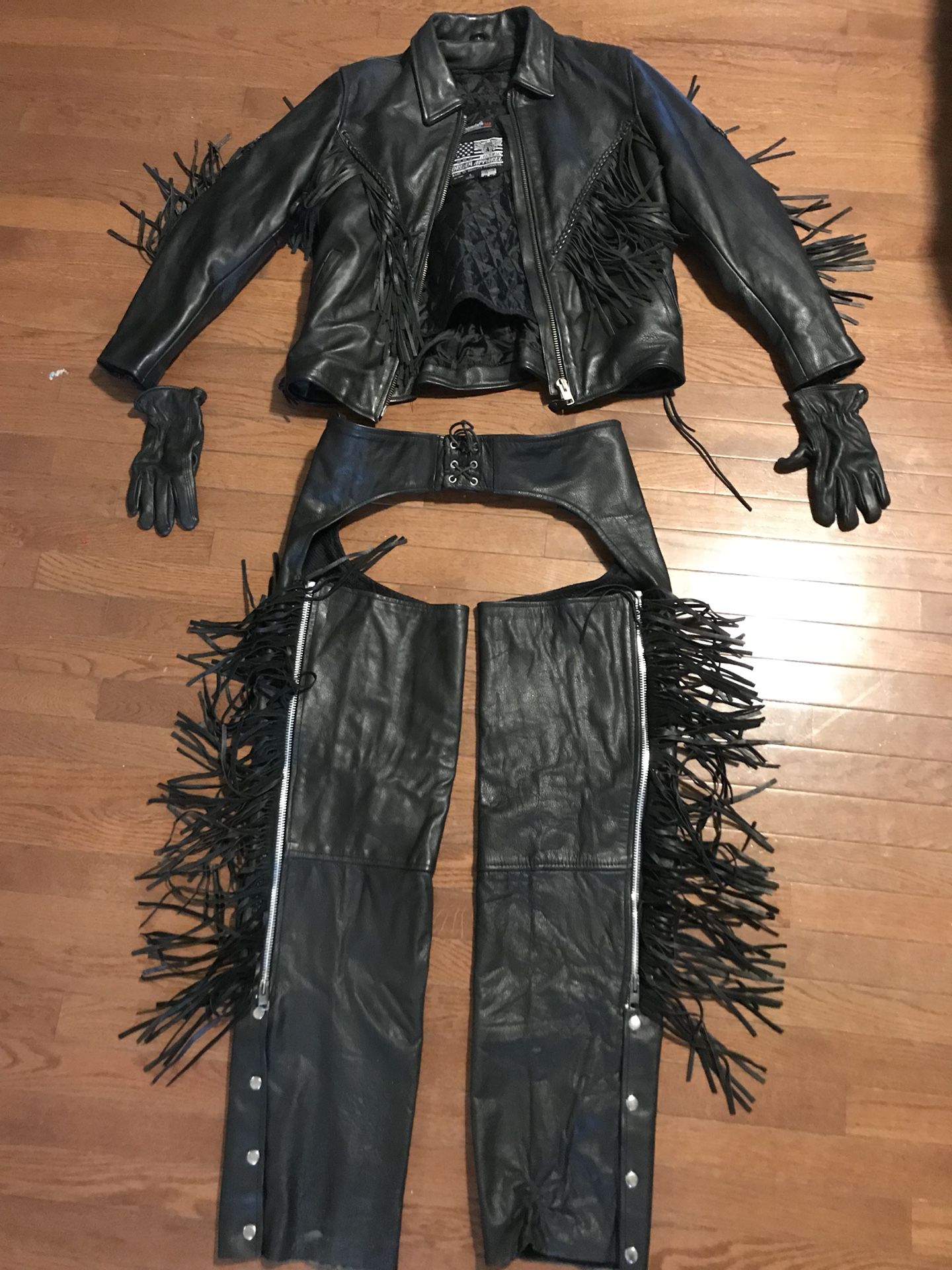 Motorcycle leather jacket chaps and gloves like new