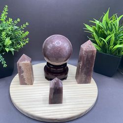 Natural Hand Carved Strawberry Quartz Sphere 424g 68mm, Towers (3) 167g 4.1”, 81g 3.6”and 94g 3.5”