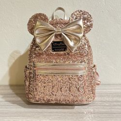 New Disney Loungefly Backpack Rose Pink Sequins Mickey Ears Disneyland