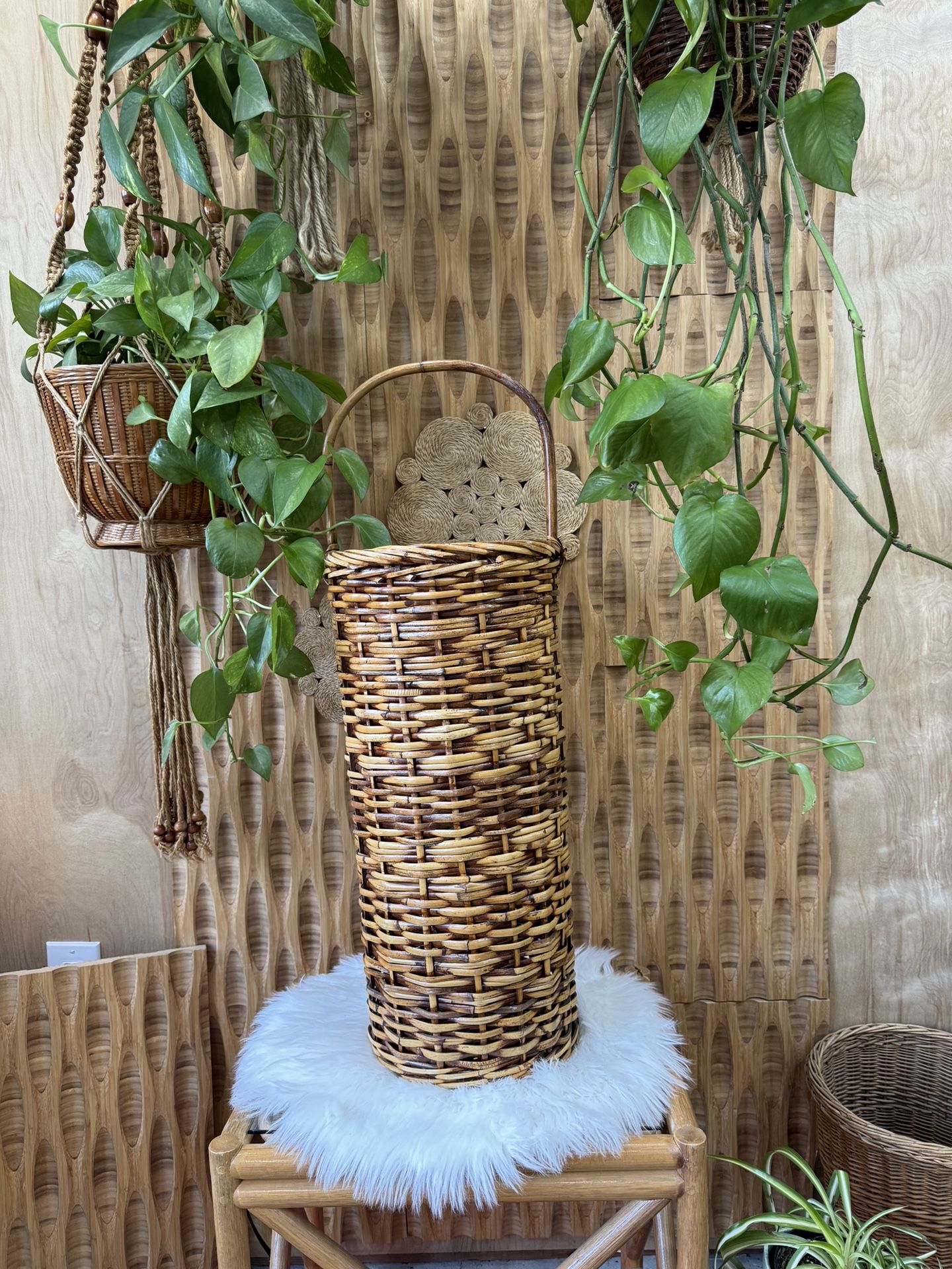 Vintage Rattan Bamboo Wicker Tall Handle Basket Brown Woven Storage Decor Plant Boho Bentwood