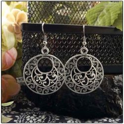 Vintage Bohemian Tibetan Silver Round Hollow Dangle Drop Earrings Women's Gift