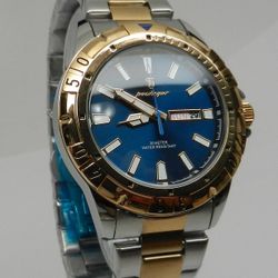 Men's 42mm Blue Dial Day Date Professional Two Tone Stainless Business Watch