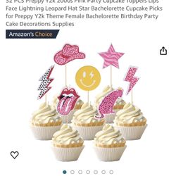32 PCS Preppy Y2k 2000s Pink Party Cupcake Toppers Lips Face Lightning Leopard Hat Star Bachelorette Cupcake Picks for Preppy Y2k Theme Female Bachelo