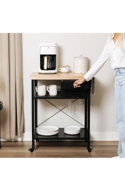 Kitchen Island Cart, Storage, Black Base Solid wood rolling cart, pine top, 2 drawers, shelves, wine rack, mobile