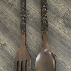 Large Carved Wood Fork Spoon Wall Decor #E