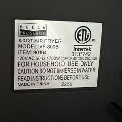 BELLA PRO SERIES 8-QT. DIGITAL AIR FRYER | 90164 | BLACK AF-800B