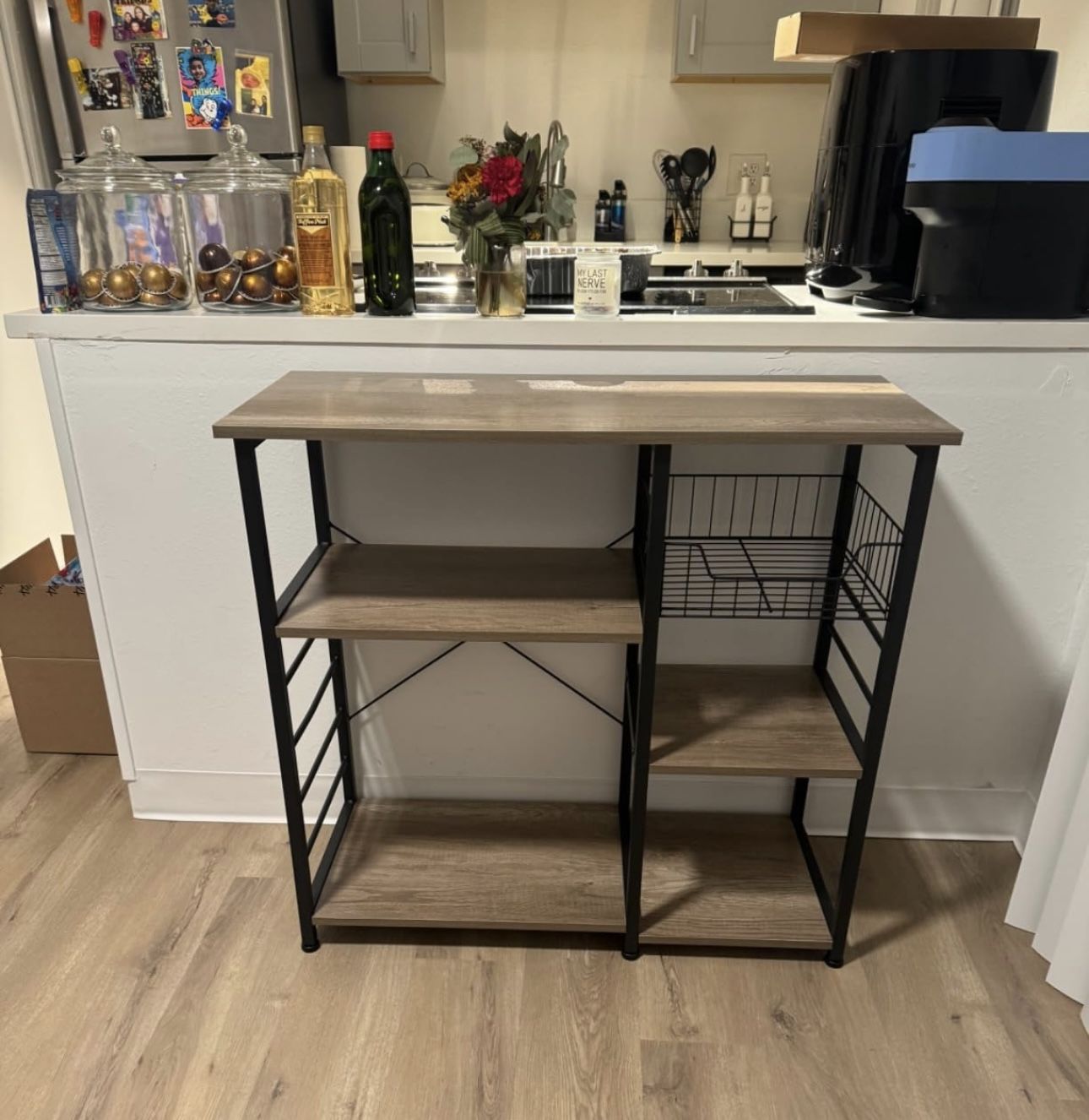Kitchen Bakers Rack with Wire Basket, Coffee Bar Table Station Microwave Oven Stand Kitchen Utility