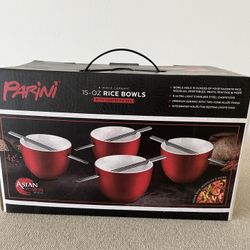 NEW Parini Set Of 4 Red Ceramic Rice Bowls With Stainless Steel Chopsticks
