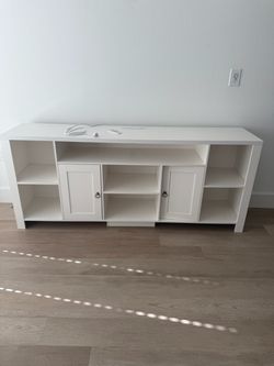 White TV Stand with Cabinets and Open Shelves