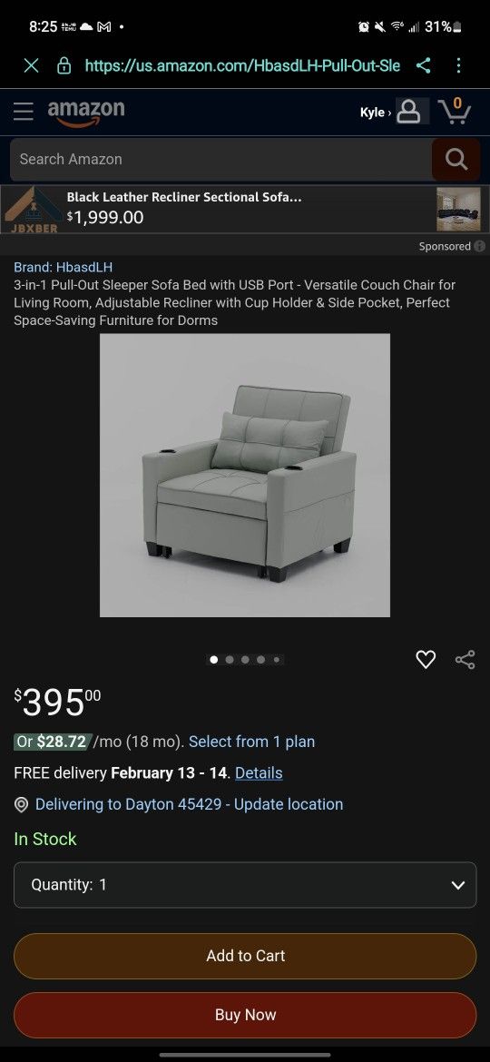 MINT GREEN SLEEPER CHAIR/ USB AND USB C CHARGER PORTS