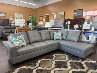 NEW Gray Leather Sectional w/ Chaise