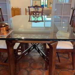 Glass Top Rectangular Dining Table Set with 6 hardwood Upholstered Chairs.