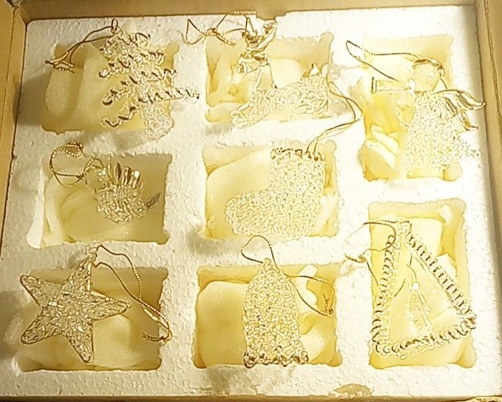 Vintage Set Of 8 Blown Glass Christmas Ornaments With Gold Trim