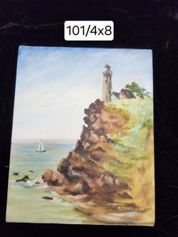 Original Oil Painting Lighthouse Coastal Scene