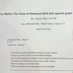Johnny Mathis 2 Tickets 