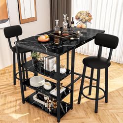  Dining Table Set for 2, Counter Height Pub Table with 2 PU Leather Widen Backrest Bar Stools & 3 Storage Shelves, Bar and Chairs Set for Small Space 