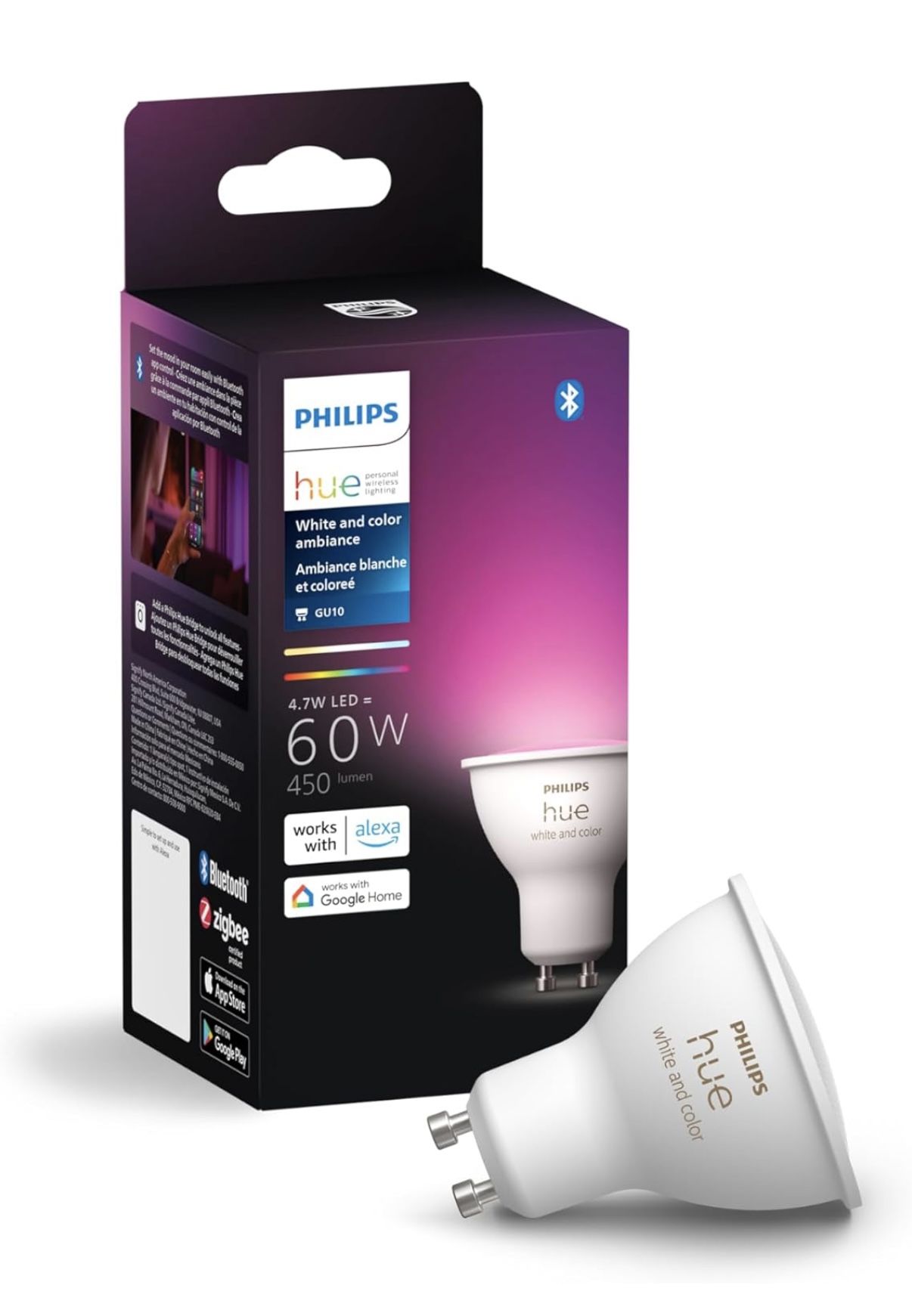 Philips Hue Smart 60W GU10 LED Bulb - White and Color Ambiance Color-Changing Light - 1 Pack - 400LM - Indoor - Control with Hue App - Works with Alex