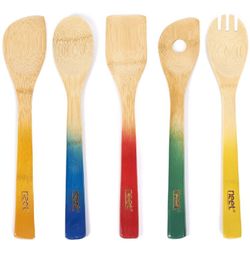 2 of Colorful Bamboo Cooking Utensils - Wooden Serving Set | 5 Piece Utensil Set | Non Stick Wood Spoon & Spatula Gadgets For Kitchen | Cute Gift For