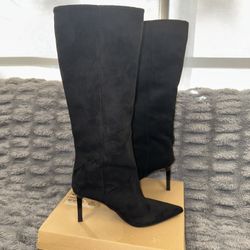 Zara Black Velvet Knee High Stiletto Boots 