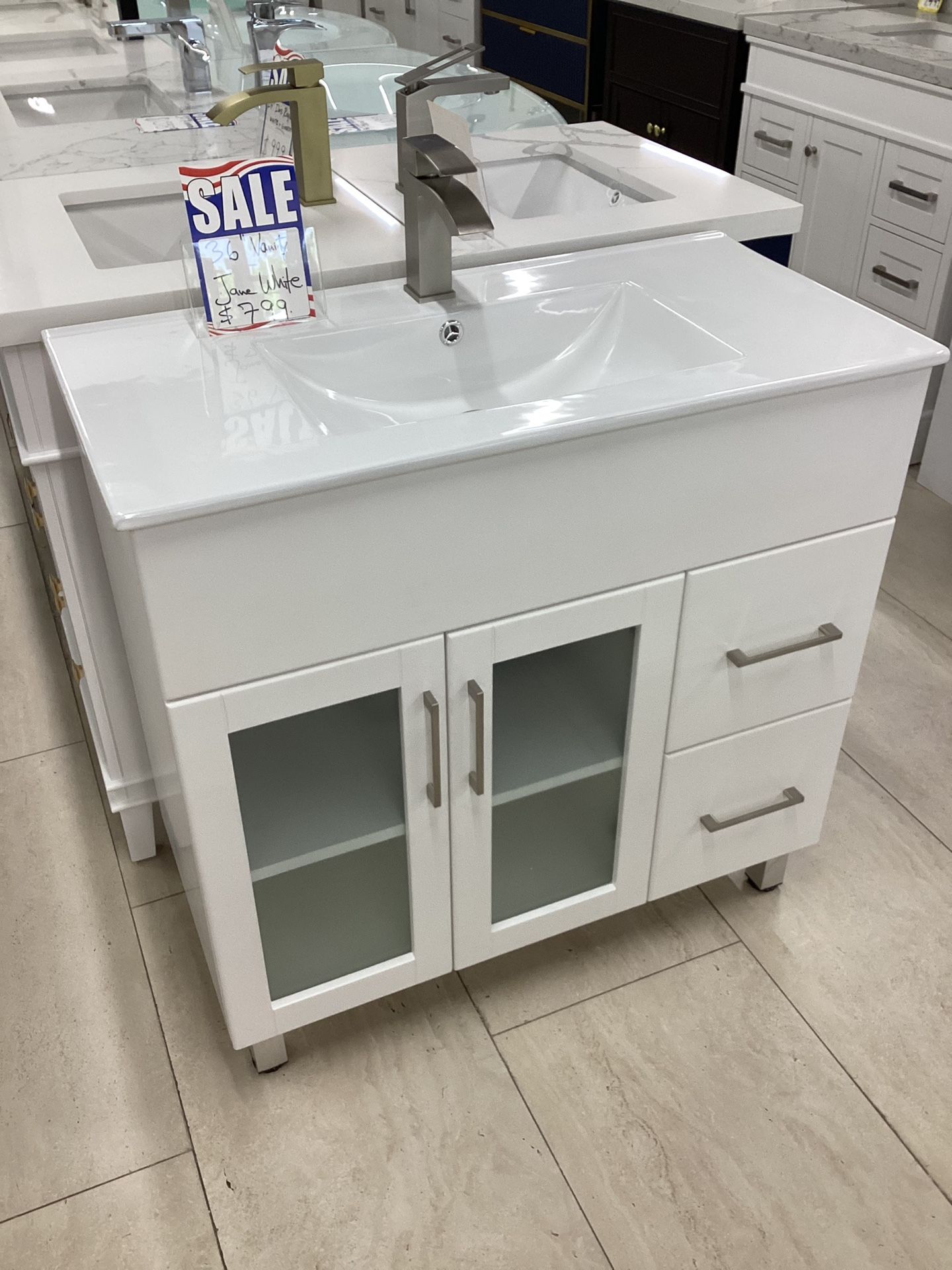36” Bathroom vanity Cabinet New Solid Wood Fully Assembled Softclose Drawers Doors White Ceramic Top With Sinks Ready For Pick up Today