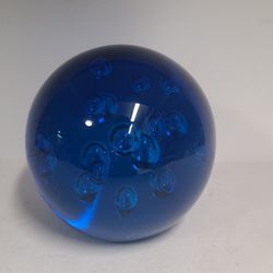 Vintage Blue Glass Paperweight With Bubbles 