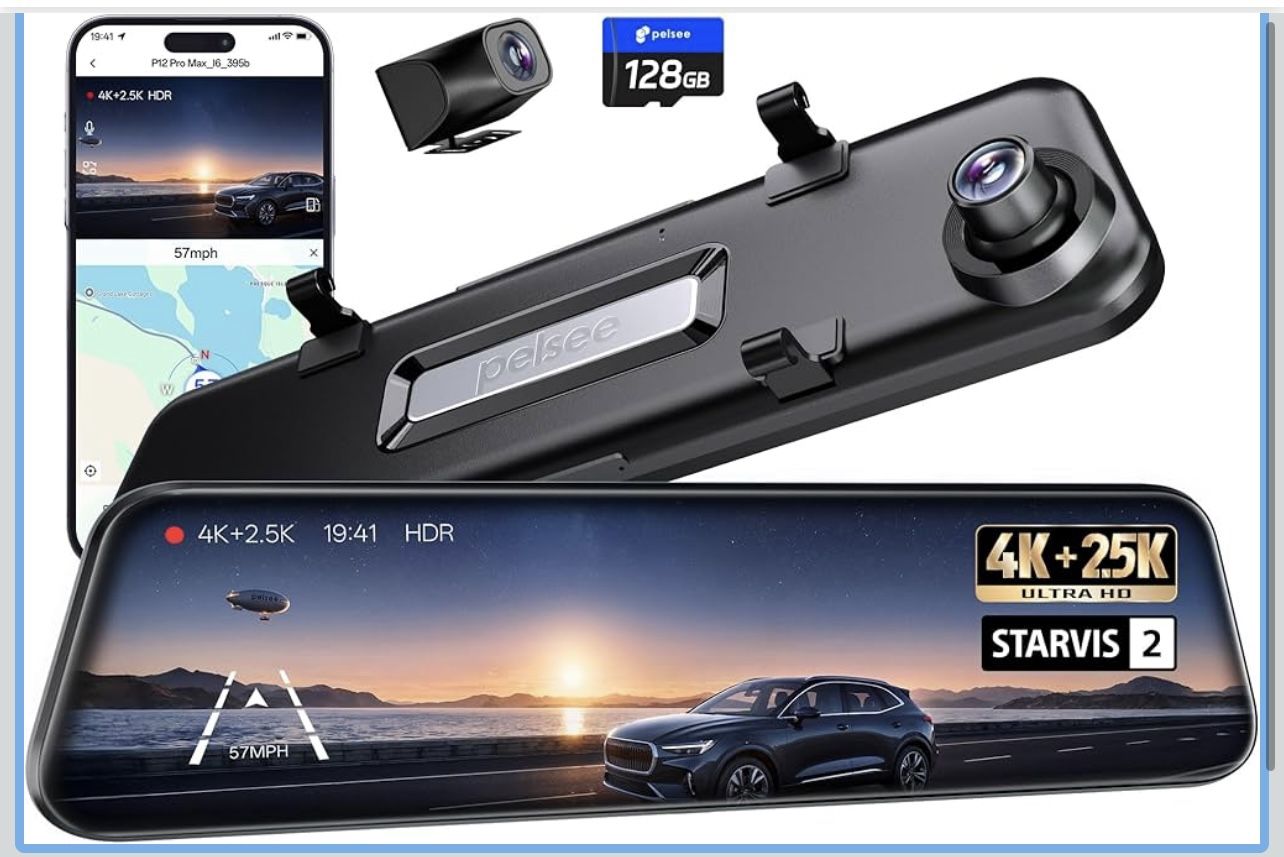 Pelsee 4K+2.5K Mirror Dash Cam with Front Starvis 2 IMX678 & Rear IMX335, 12" Rear View Mirror Camera, Color Night Vision, 5.8GHz WiFi, ADAS & BSD, In