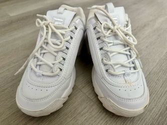FILA Youth Disruptor II Leather Trainer in "Triple White"