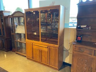 Wooden Display China Hutch with Smokey Glass Doors