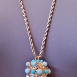 Kenneth Lane Vintage Long Gold Chain Necklace Blue Cabachon 