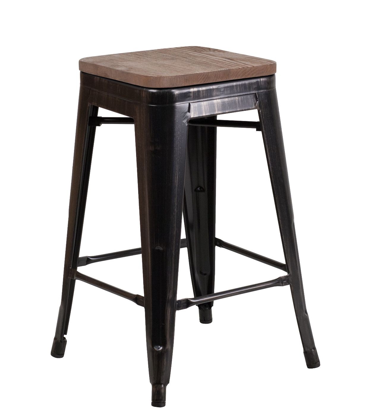 24” high backless metal counter height stool with square wood seat
